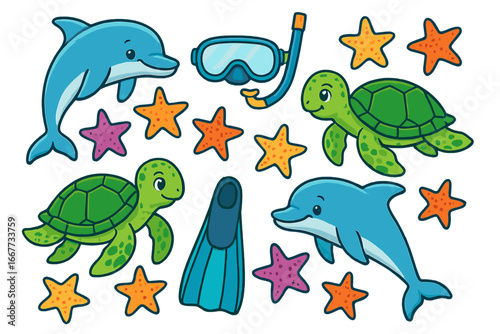 Cute marine life set. Cartoon dolphin, turtle, starfish, snorkel mask and flippers. Vector illustration for kids. Summer vacation, beach holiday and underwater animal concept.
