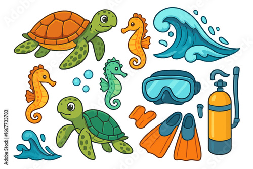 Marine life cartoon set with sea turtle, seahorse, wave, and scuba diving gear. Ocean animal and equipment icons. Underwater adventure vector illustration collection for kids.