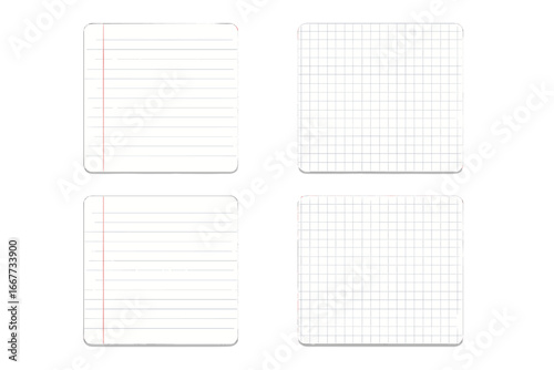 Set of paper sheets, lined and grid. Vector isolated school notebook pages with margin. Blank mockup template for notes, messages, or education. Realistic page design.