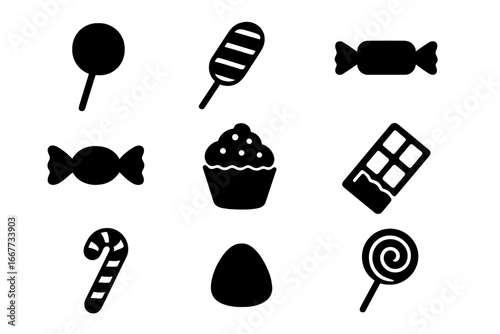 Candy silhouette icon set collection. Confectionery and sweet treats vector graphic. Dessert icons including lollipop, cupcake, chocolate bar, candy cane and bonbon. Junk food symbol.