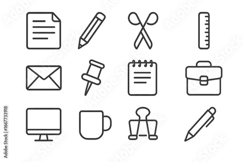 Office supplies line icon set. Essential workspace and business tools. Vector collection of stationery symbols. Pencil, paper, letter, briefcase, computer simple icons.