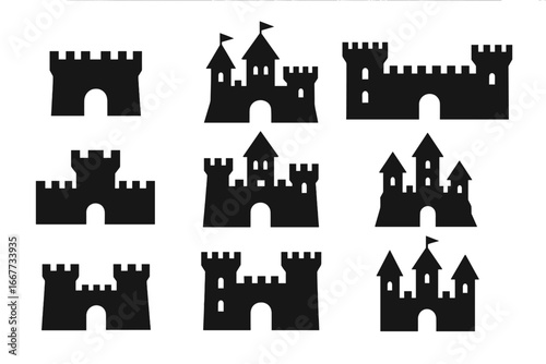 Castle fortress silhouette icon set. Medieval kingdom palace collection. Ancient historic building for war and defense. Fantasy fairytale tower vector graphic elements.