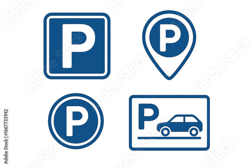 Parking icon set. Car park symbols. Vector isolated parking signs. Map location pointer and pin. Road traffic sign for automobile and transport. Parking place symbol.