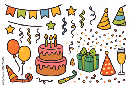 Party celebration vector set. Birthday icons with cake, balloons, gift box, confetti, party hat. Festive holiday decoration elements. Cartoon doodle illustration design.