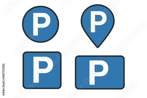 Parking icon set. Vector isolated parking signs. Map parking pointer. Location pin. Parking place symbol. Traffic sign for car, auto, vehicle. Roadside information.
