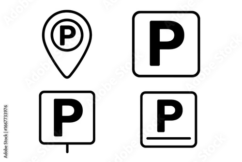 Parking icon set. Vector isolated parking signs collection. Map location pointer and parking place traffic sign. Symbol for car, auto, or vehicle park zone or lot.