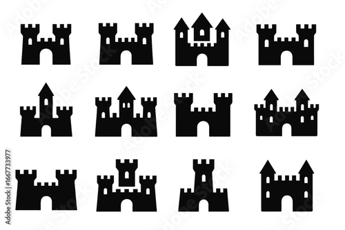 Castle fortress silhouette icon set. Medieval stronghold and citadel collection for history or fantasy. Simple black glyph vector for logo, security, defense, and architecture.