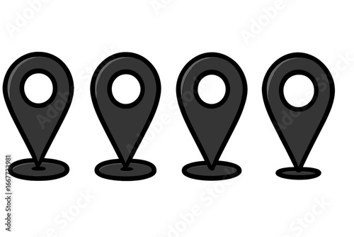 Set of black map location pin icons. Vector cartoon illustration of GPS navigation pointers. Destination markers for web, app, or travel design. Place position symbol collection.