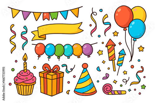Big set of party celebration doodles. Colorful festive icons for birthday, carnival, anniversary. Vector cartoon clipart with gift, balloon, cupcake, confetti, banner, hat.