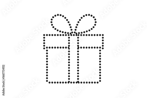 Present gift box icon vector. Dotted line symbol of a surprise package with a bow. Minimalist outline for Christmas or birthday. Bonus, sale, or loyalty reward concept.
