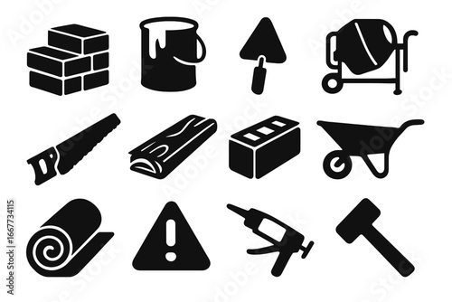 Construction materials solid icon set. Building tools and equipment silhouette collection. Vector illustration of brick, paint, trowel, cement mixer, saw, wheelbarrow.