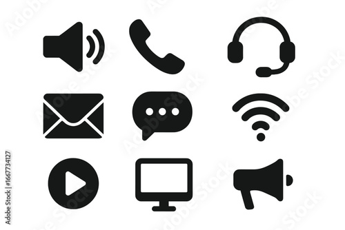 Communication and media solid icon set. Contact us symbols. Phone call, support headset, email, chat bubble, wifi signal, play button, computer monitor, speaker, megaphone.