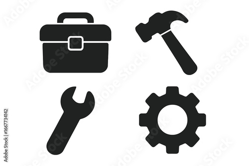 Vector construction tool glyph icon set. Toolbox, hammer, wrench, and gear solid icons. For repair service, maintenance, industrial work, workshop, and settings menu.