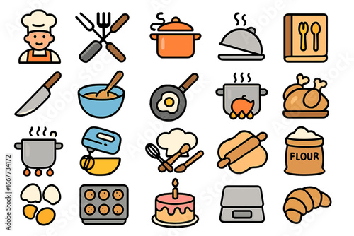 Cooking and baking color icon set. Culinary food preparation and kitchen utensil collection. Vector cartoon graphic elements for recipe, menu, restaurant, and web design.