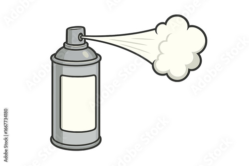 Aerosol spray can with mist from nozzle. Vector illustration of spraying deodorant, hairspray, or paint. Metal container with blank label for mockup. Cartoon style.
