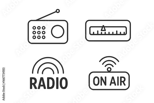 Radio broadcast line icon set. Vector collection of on air, receiver, tuner, and signal wave symbols. Communication and media graphic elements for web, app, and logo design.