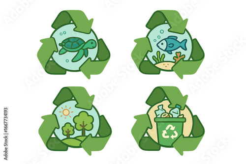 Recycle symbol icon set for environmental protection. Waste reduction and marine life conservation concepts. Sustainable ecosystem and save the planet vector cartoon illustration.