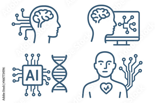 Artificial intelligence and human biology icon set. Concepts of bionics, brain-computer interface, genetic engineering, health tech. Future technology and machine learning vector.