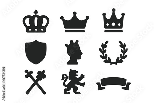 Royal symbols icon set with crown, shield, heraldic lion, and laurel wreath. Vector collection for branding, logos, and emblems. Monarchy and kingdom glyph elements.