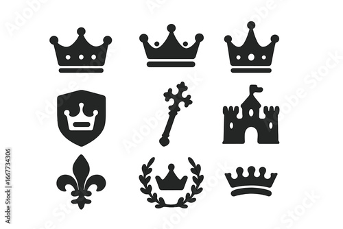 Royal symbols icon set with crowns, castle, scepter, shield, and fleur de lis. Simple flat vector glyphs for logos and branding. Monarchy, king, queen heraldic elements.