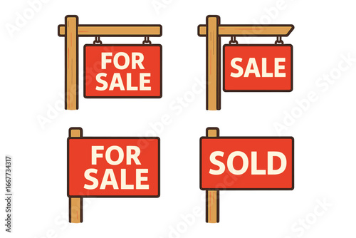 Real estate sign collection. For sale and sold vector signs. Red signs for property, house sale. Isolated cartoon illustration set for mortgage, agent, and realty business.
