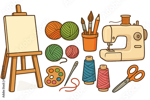 Art and craft hobby icon set with sewing machine, easel, yarn, paint, and brushes. Vector illustration collection for DIY projects, creative activities, and handmade workshop.
