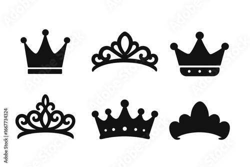Crown and tiara silhouette icon set. Royal king, queen, and princess symbols. Majestic luxury heraldic emblem collection. Monarchy power sign. Simple vector illustration.