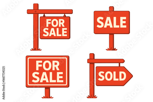 Real estate sign collection. For sale and sold vector signs. Red wooden cartoon billboards for property advertising. House sale business concept illustration isolated set.
