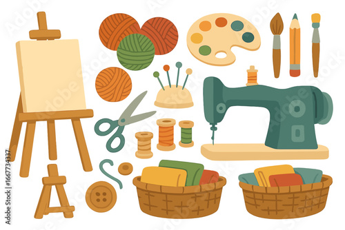 Crafting tools and art supplies set. Vector illustration collection with sewing machine, easel, yarn, paint palette, brush, and scissors. Concept for hobby, DIY, workshop.