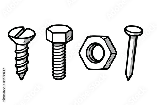 Screw, bolt, nut, and nail vector icons set. Metal hardware fasteners collection. Cartoon symbols for construction, carpentry, repair, and DIY projects. Industrial tools.