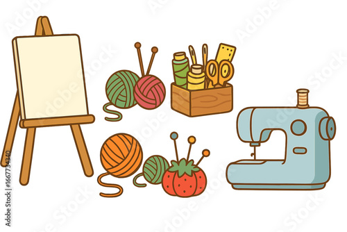 Crafting workshop tools and supplies icon set. Vector cartoon illustration of sewing machine, easel, yarn, and knitting needles. Handmade hobby, DIY art supplies concept.