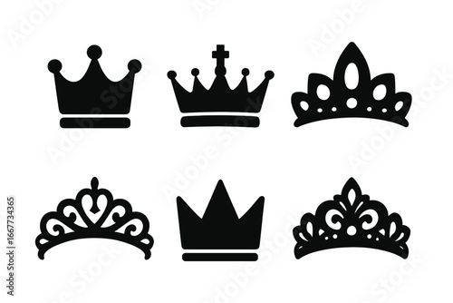 Crown and tiara silhouette icon set. Royal collection of simple vector designs for king, queen, or princess. Luxury majestic symbols for logo or heraldic emblem. Flat black.
