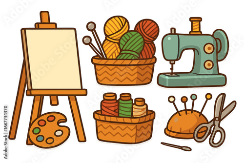 Handmade craft and hobby supplies vector icon collection. Set includes sewing machine, knitting yarn, artist easel, paint palette and tailor tools for creative DIY projects.