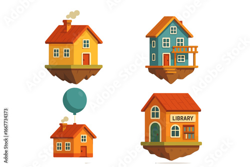 Collection of colorful floating houses and a library. Vector cartoon illustration set on flying islands. Surreal real estate and fantasy architecture concept. Isolated elements.