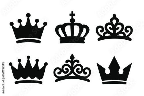 Crown and tiara silhouette icon set. Royal heraldry symbols. King, queen, prince, princess headwear. Monarchy power emblem. Luxury nobility logo. Simple vector design.