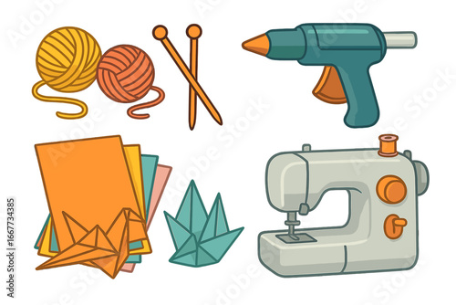 Creative crafting & DIY hobby tools icon set. Vector cartoon illustration of a sewing machine, yarn for knitting, glue gun, & paper for origami or papercraft projects.
