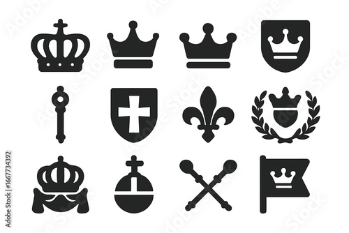 Royal symbols glyph icon set. Monarchy and kingdom heraldry collection. Vector silhouettes of crown, shield, fleur-de-lis, scepter, and orb for logo and branding design.