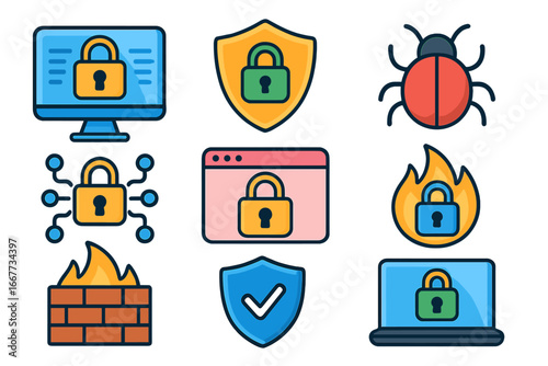 Cybersecurity icon set. Data protection and internet security concept. Vector icons of lock, shield, firewall, virus bug. Antivirus, privacy, encryption, network safety.