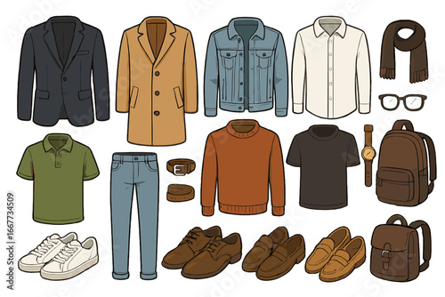 Men's fashion clothes collection. Man wardrobe basic outfit. Set of male apparel and accessories. Jacket, coat, jeans, shirt, sweater, shoes, backpack. Vector flat cartoon style.