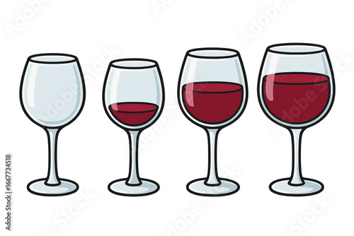 Red wine glass stages from empty to full. Concept of wine consumption levels, drinking, tasting, or alcoholism. Vector illustration set isolated. Infographic element.