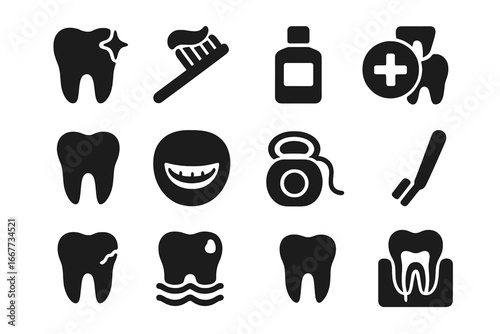 Dental health solid icon set. Tooth care and oral hygiene icons. Vector cartoon illustration of dentistry, stomatology, caries, implant, toothbrush, toothpaste, and floss.