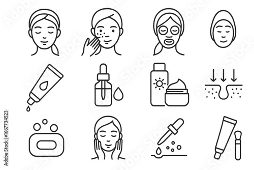 Skin care routine and beauty treatment outline icon set. Dermatology and cosmetics essentials in line art style. Vector collection for facial cleansing, moisturizing, and acne care.