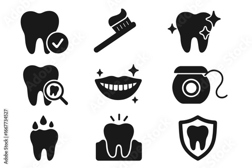 Dental health solid icon set. Tooth care and oral hygiene glyphs. Vector illustration of dentistry concepts like a clean smile, floss, toothbrush, protection, and checkup.