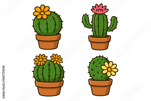 Collection of cute cartoon cactus in pots with flowers. Set of four kawaii style succulent houseplants. Vector graphic elements for botanical, desert, or gardening design.