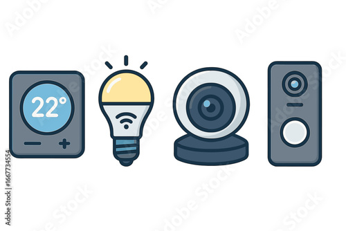 Smart home device icon set. Vector illustration of thermostat, light bulb, security camera, doorbell. Internet of Things (IoT) automation technology concept for modern living.