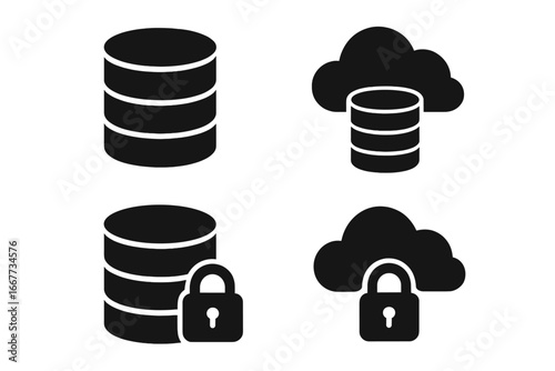 Database and cloud computing solid icon set. Secure data storage and server hosting symbols. Vector glyphs for network security, information protection, and online backup systems.