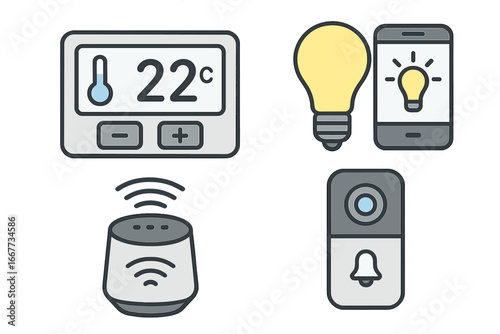 Smart home technology icon set. Vector illustration of house automation system. IoT devices for temperature control, lighting, security camera, smart speaker and doorbell.