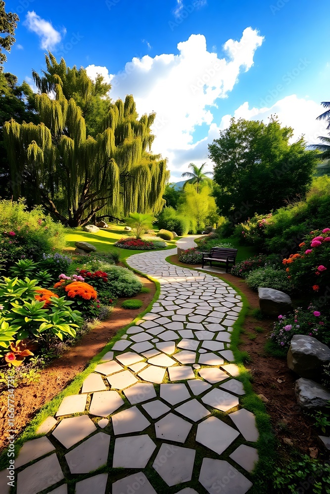 Fototapeta premium A serene garden scene featuring a winding stone pathway surrounded by blooming flowers, various green trees including a weeping willow and palm trees, under a partly cloudy sky with warm sunlight cast