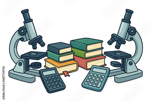 Science education concept with microscope, books, and calculator. Biology or chemistry lab research equipment. School learning and study tools. Vector cartoon illustration.