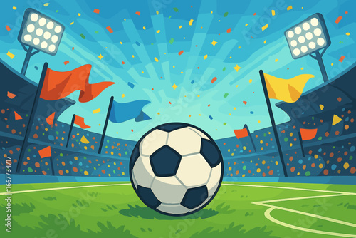 Soccer ball on stadium field grass. Football match celebration background. Arena with crowd, flags and confetti for championship or tournament victory. Sport event vector illustration.